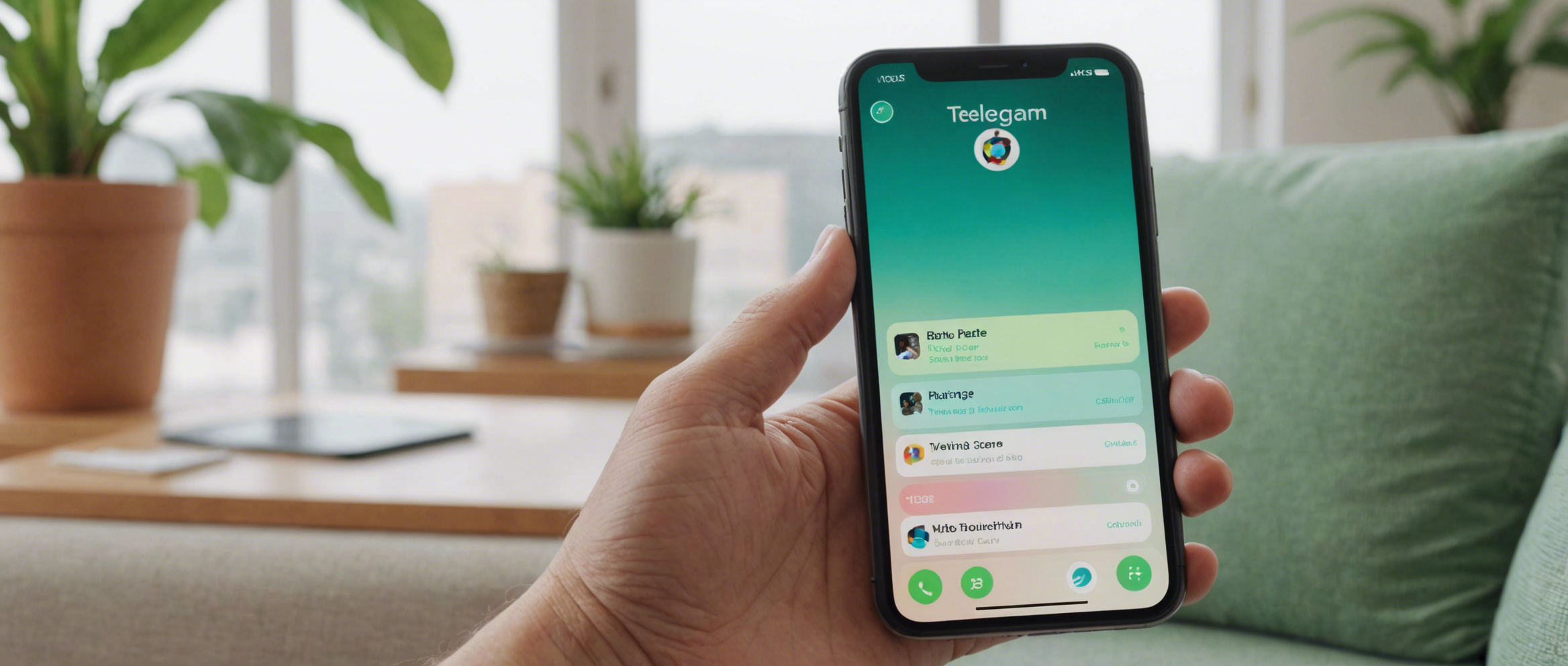 Крупный план iPhone в светлой гостиной со стикерами Telegram.
