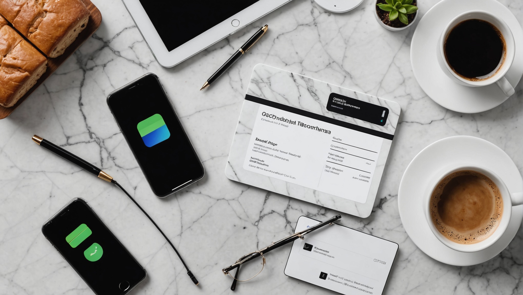 Визуально яркая плоская композиция: iPhone, лежащий на мраморной поверхности, рядом с различными предметами первой необходимости, такими как аккуратно разложенная стопка визитных карточек, элегантный планшет, беспроводное зарядное устройство и чашка кофе.