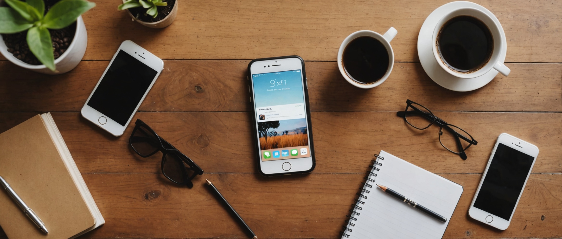 Художественное изображение iPhone, помещенного на деревянную поверхность в окружении различных предметов повседневного обихода, таких как очки, блокнот и чашка кофе.