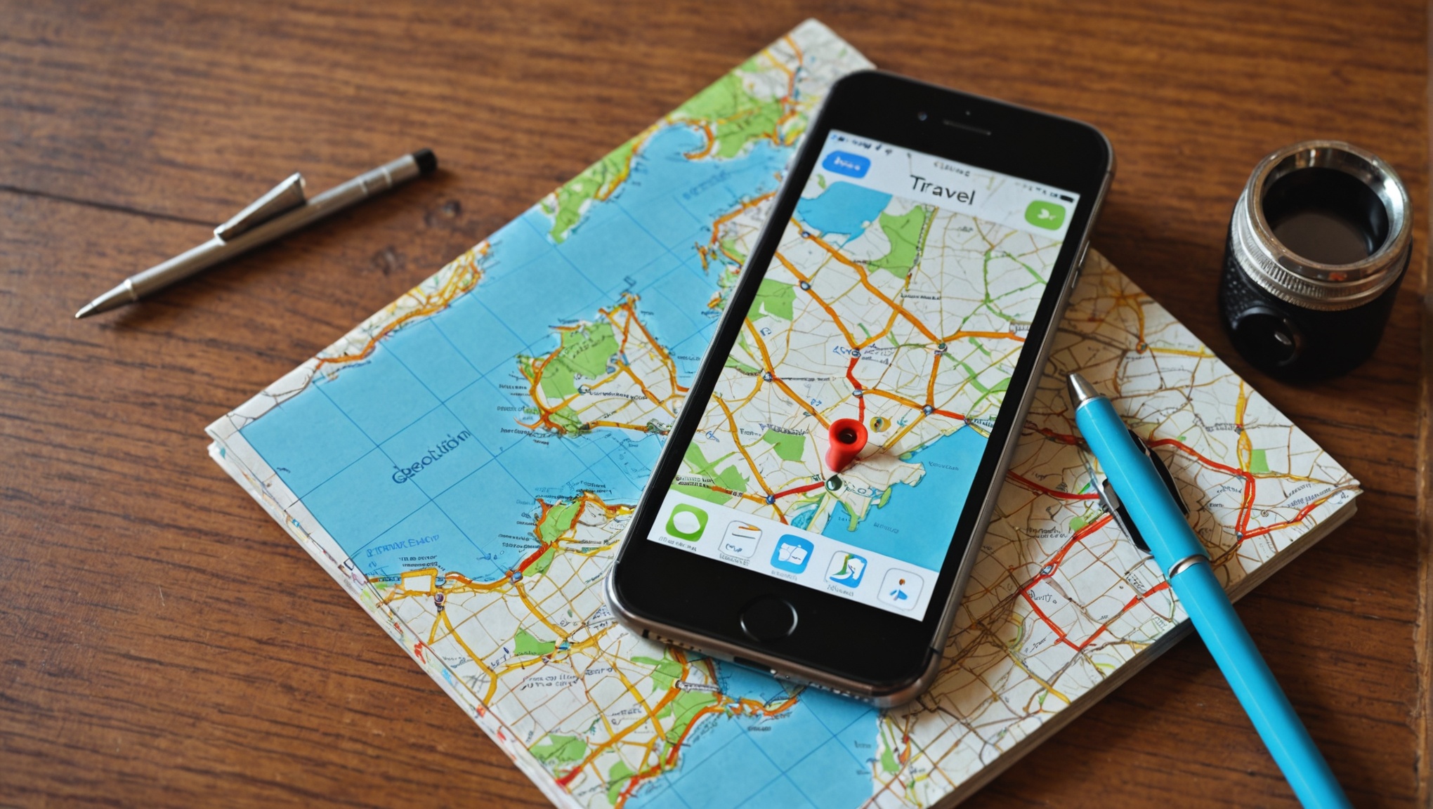 Художественное изображение iPhone, сидящего на деревянном столе, с ярким картографическим приложением и точечным маркером, указывающим определенное местоположение.