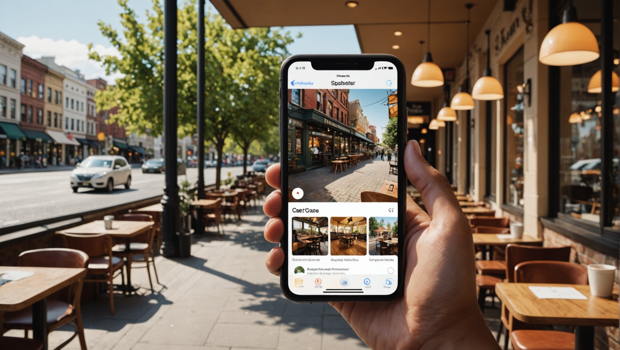 Мужчина держит смартфон, показывающий улицу с кафе на экране.