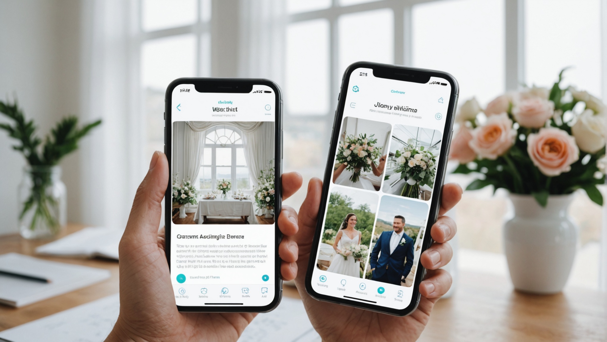 Две руки держат смартфоны, показывающие приложение для планирования свадьбы с фото пары и декораций.