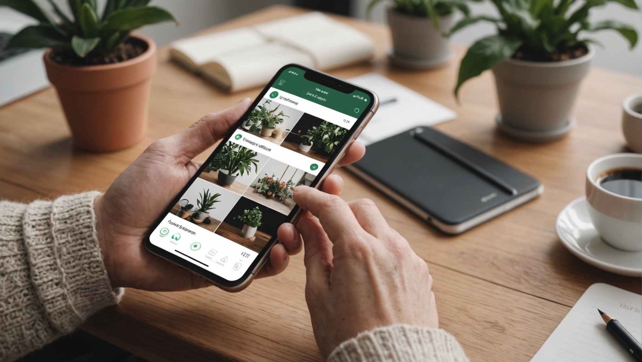 Человек просматривает приложение по уходу за растениями на смартфоне за столом со стаканом кофе.