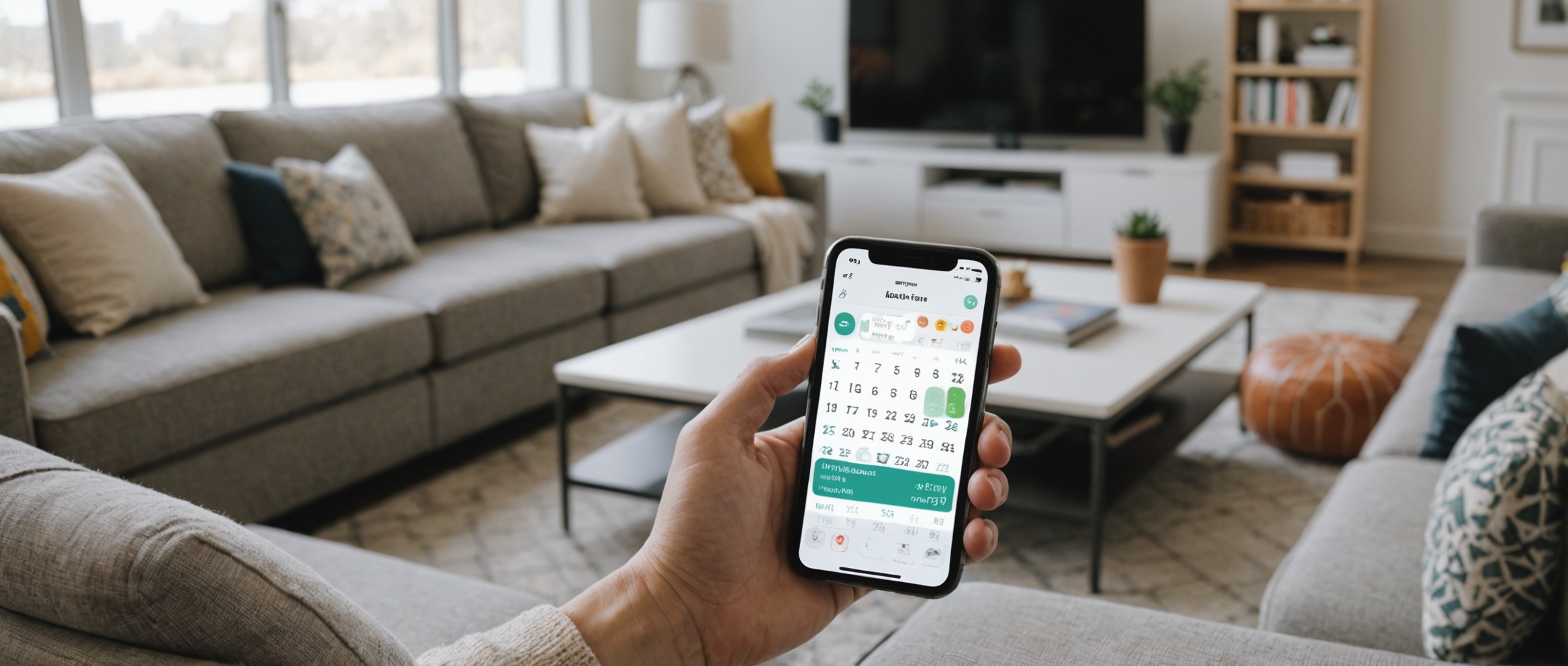 Человек держит смартфон с открытым календарным приложением в уютной гостиной.