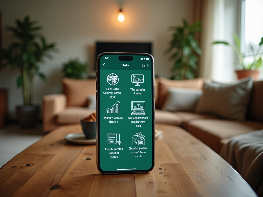 Смартфон с приложением для анализа данных на экране, на столе в уютной гостиной.