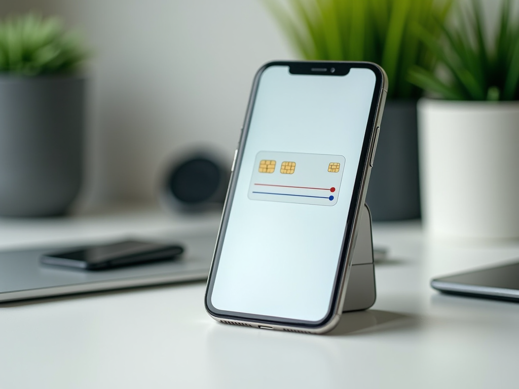 Смартфон на подставке с изображением кредитных карт на экране, рядом ноутбук и растения.