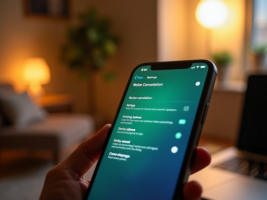Рука держит смартфон с открытым экраном настроек шумоподавления, на фоне уютной комнаты.
